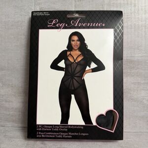2 Piece Opaque Long Sleeve Bodystockings w/ Harness Teddy Overlay, Model 89151